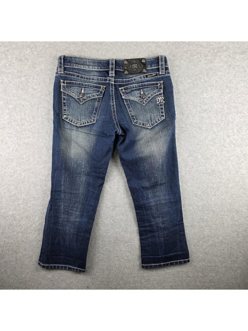 Miss Me Jeans Womens 28 Blue Dark Wash Cropped Slim Distressed Flap Pocket